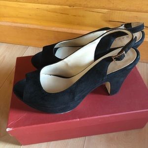 Sacha London Black Suede Peep-Toe Slingback Heels